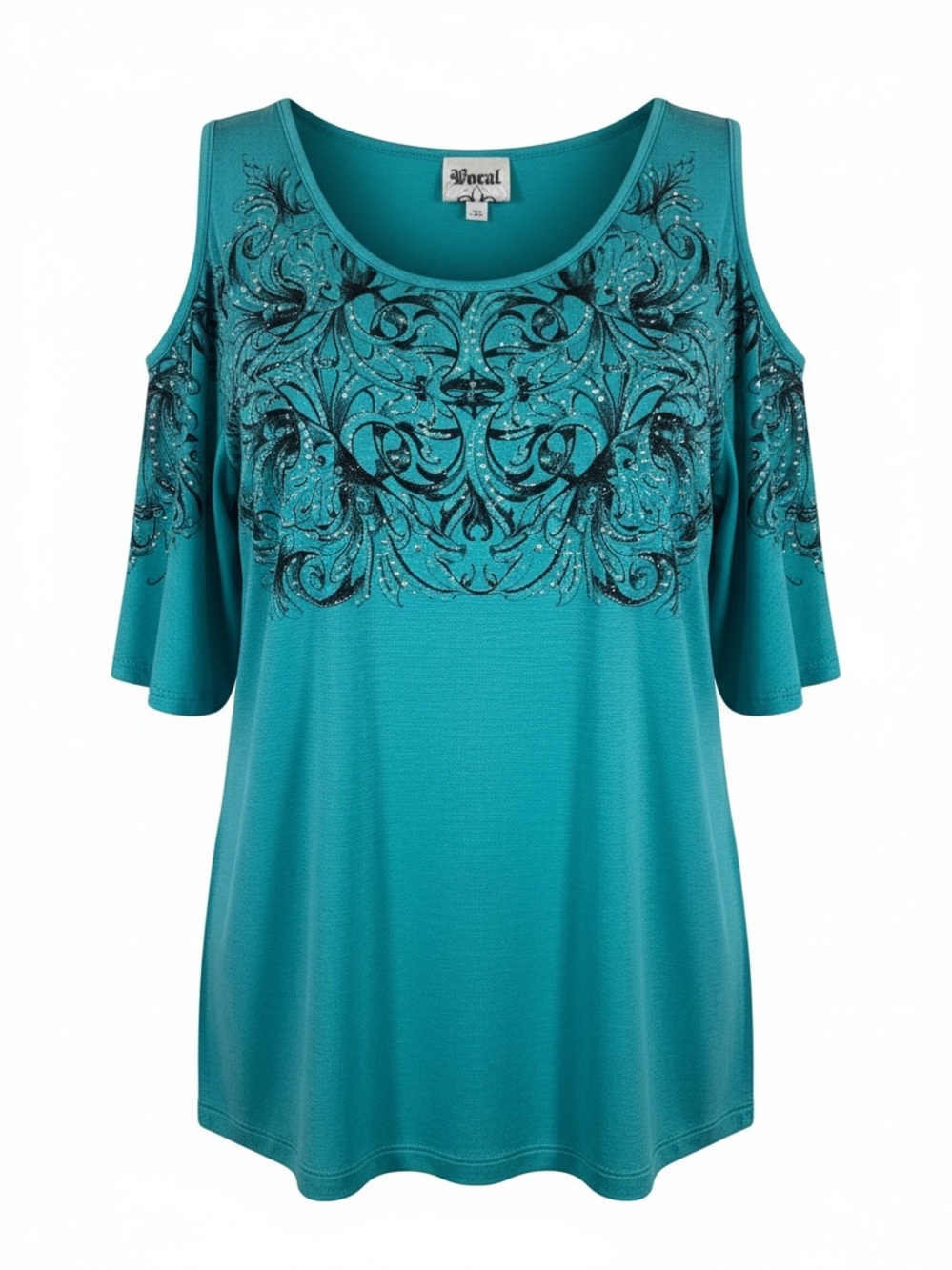 Vocal Teal Cold-Shoulder Top with Black Scroll Embellishment